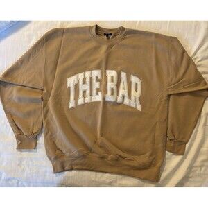 The Bar Varsity Crewneck Sweatshirt Tan Beige Oversized Logo Pullover Size L